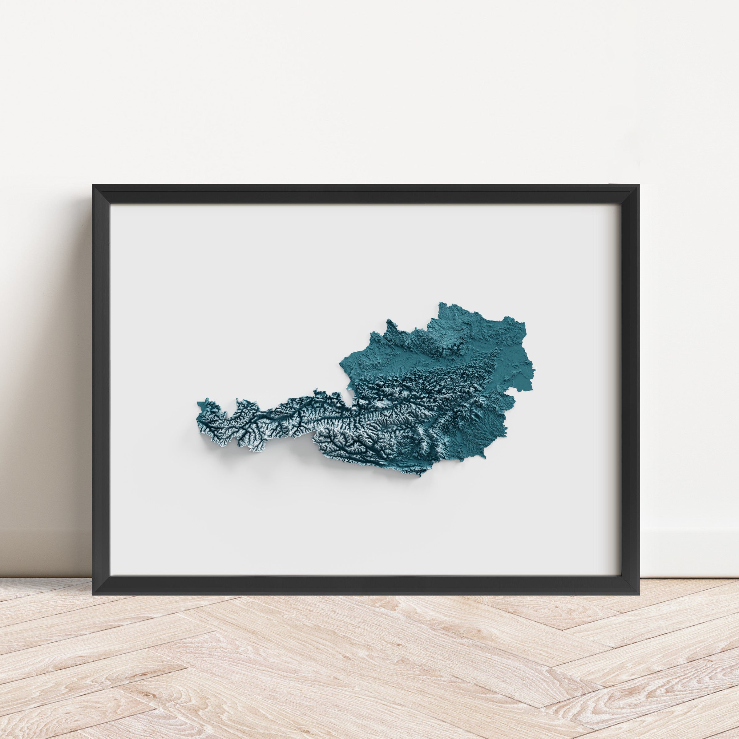 Framed minimalist elevation map of Austria. Minimalist topographic map art featuring detailed topography, available as premium poster for home or office decor.