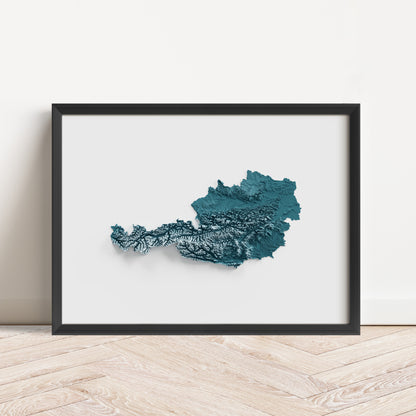 Framed minimalist elevation map of Austria. Minimalist topographic map art featuring detailed topography, available as premium poster for home or office decor.
