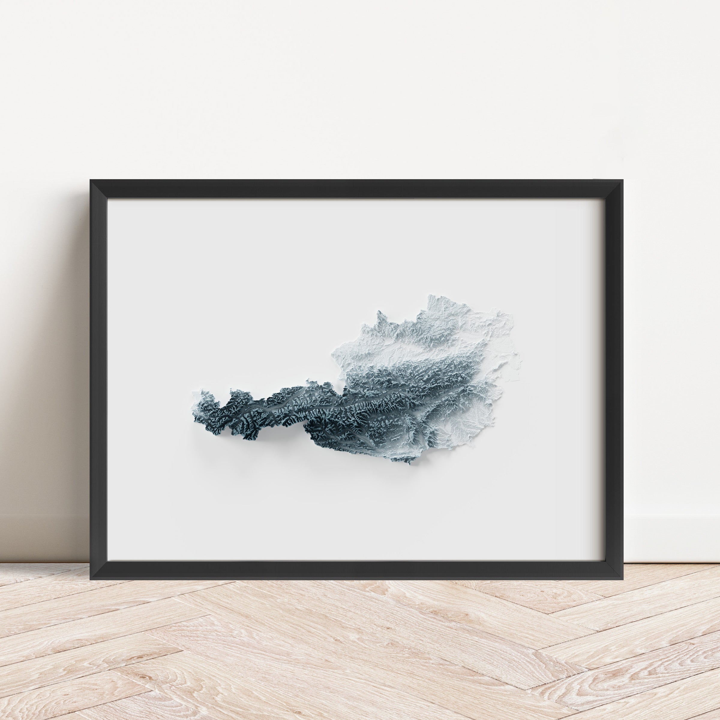 Framed minimalist elevation map of Austria. Minimalist topographic map art featuring detailed topography, available as premium poster for home or office decor.