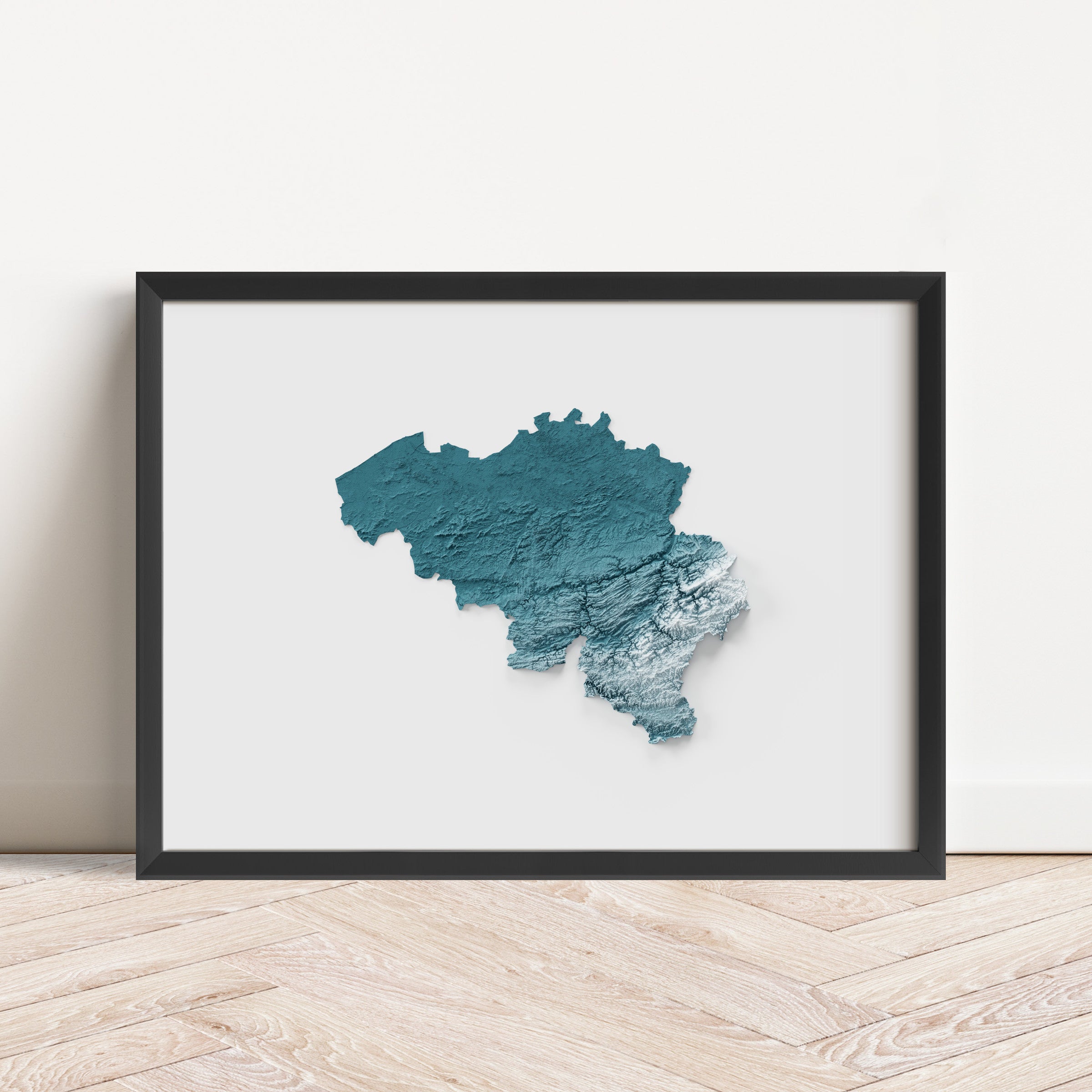 Framed minimalist elevation map of Belgium. Minimalist topographic map art featuring detailed topography, available as premium poster for home or office decor.