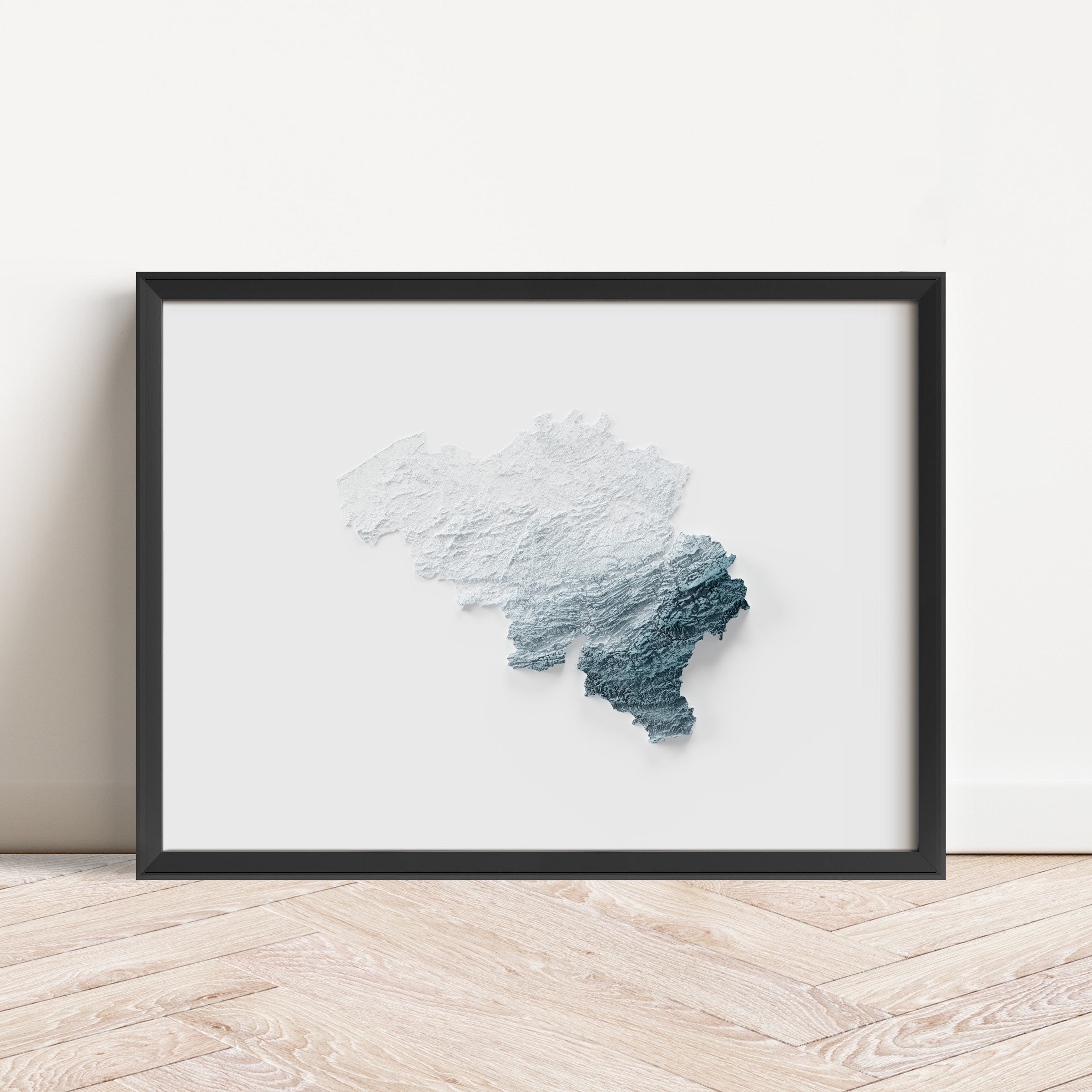Framed minimalist elevation map of Belgium. Minimalist topographic map art featuring detailed topography, available as premium poster for home or office decor.