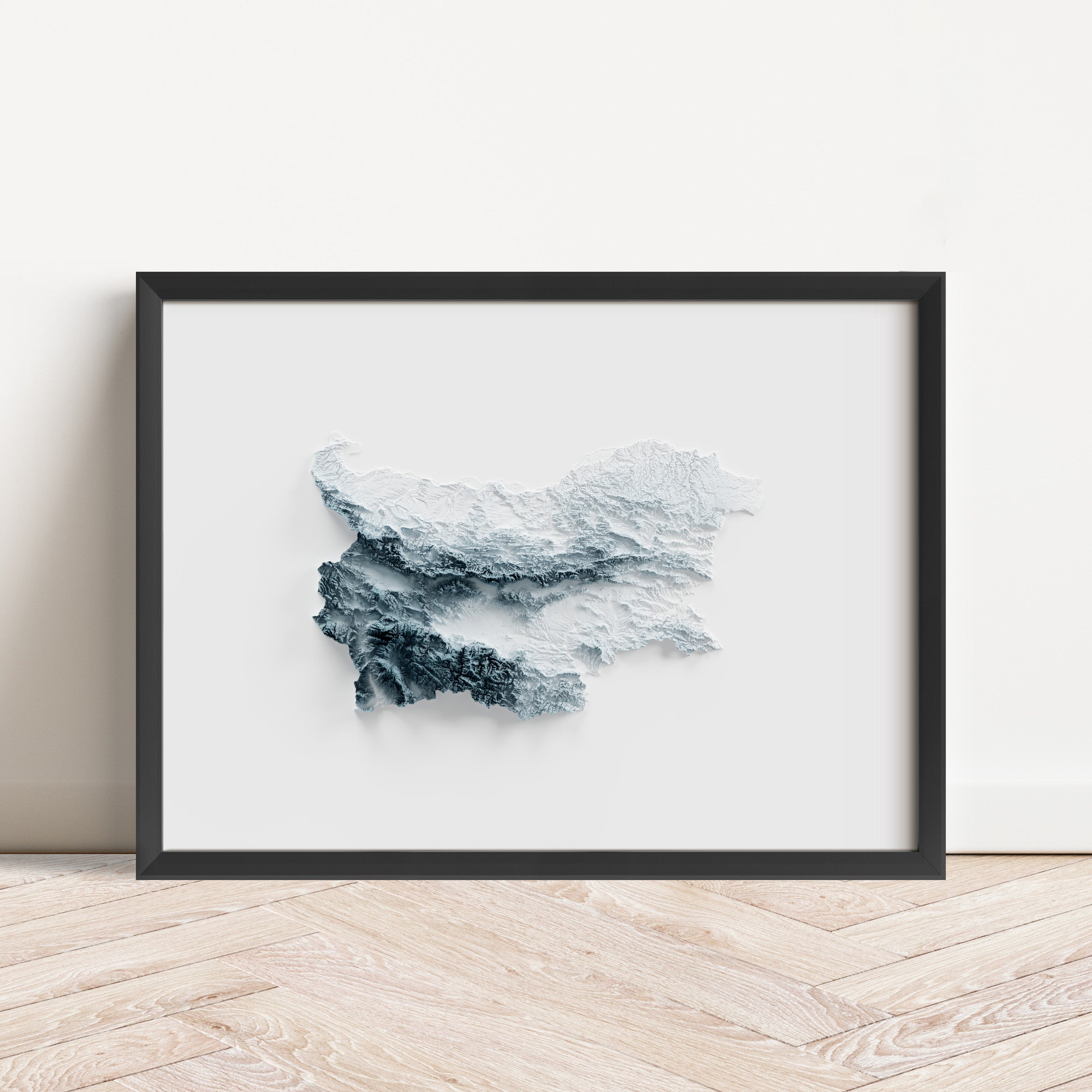 Framed minimalist elevation map of Bulgaria. Minimalist topographic map art featuring detailed topography, available as premium poster for home or office decor.