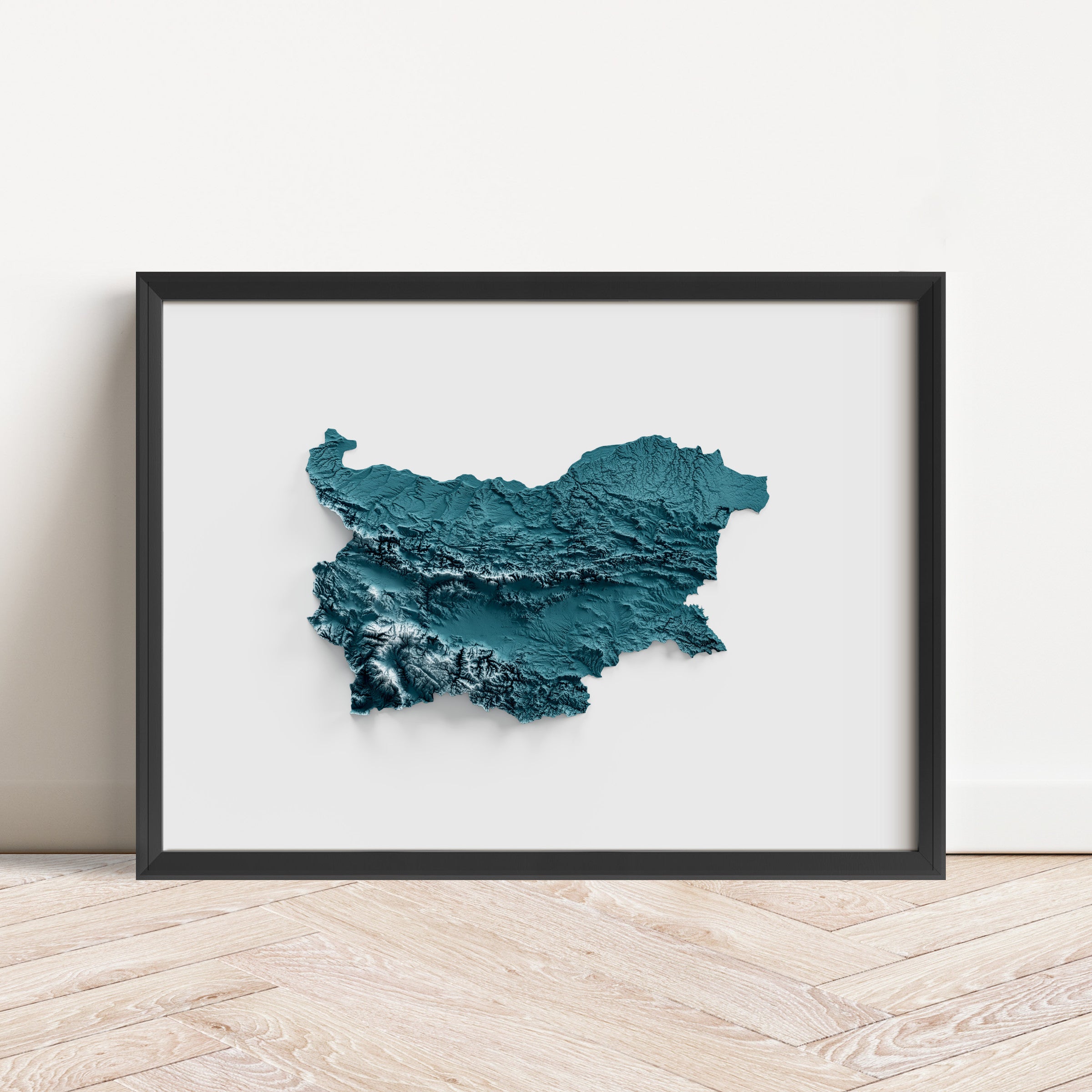 Framed minimalist elevation map of Bulgaria. Minimalist topographic map art featuring detailed topography, available as premium poster for home or office decor.