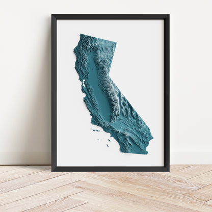 Framed minimalist elevation map of California. Minimalist topographic map art featuring detailed topography, available as premium poster for home or office decor.