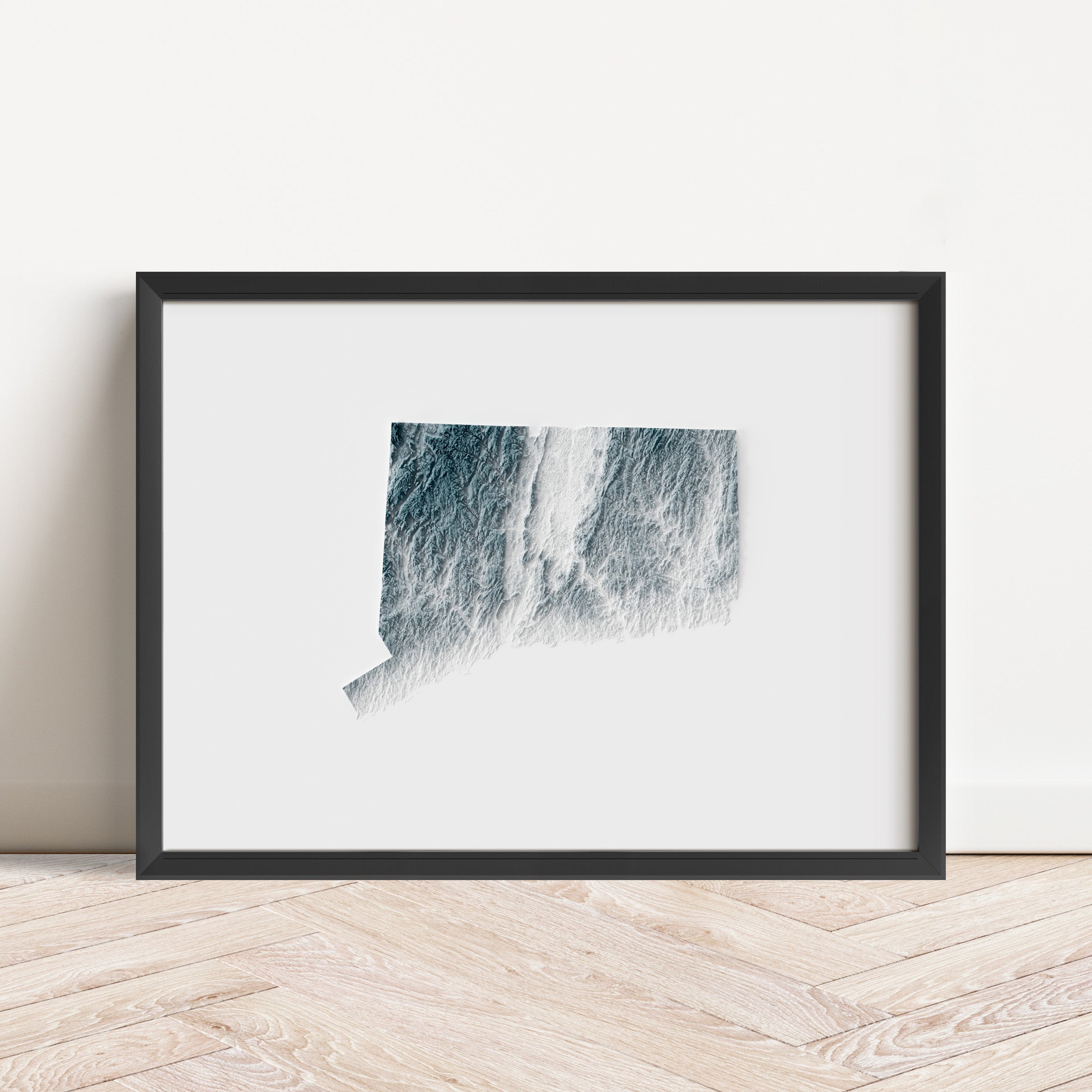 Framed minimalist elevation map of Connecticut. Minimalist topographic map art featuring detailed topography, available as premium poster for home or office decor.