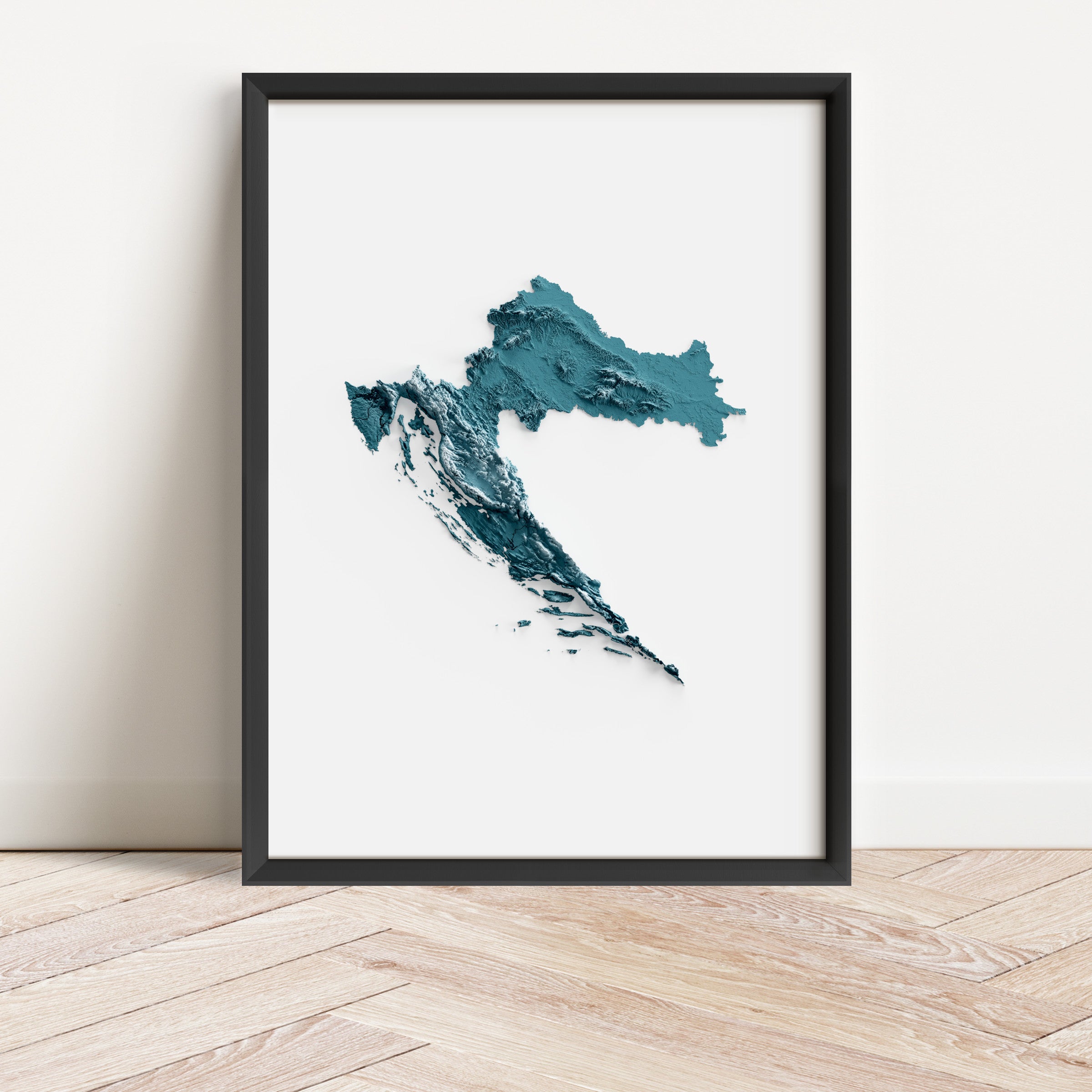 Framed minimalist elevation map of Croatia. Minimalist topographic map art featuring detailed topography, available as premium poster for home or office decor.