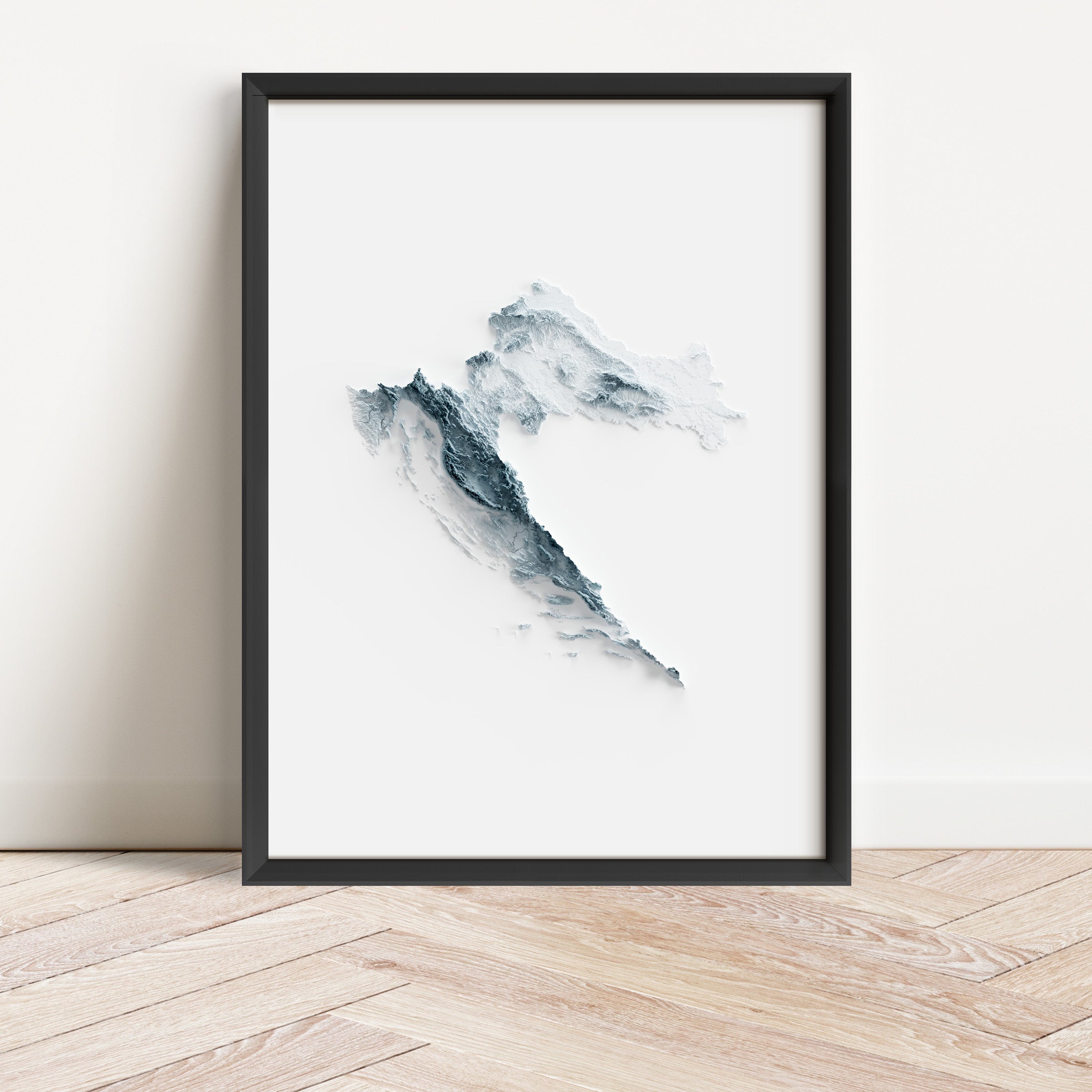 Framed minimalist elevation map of Croatia. Minimalist topographic map art featuring detailed topography, available as premium poster for home or office decor.