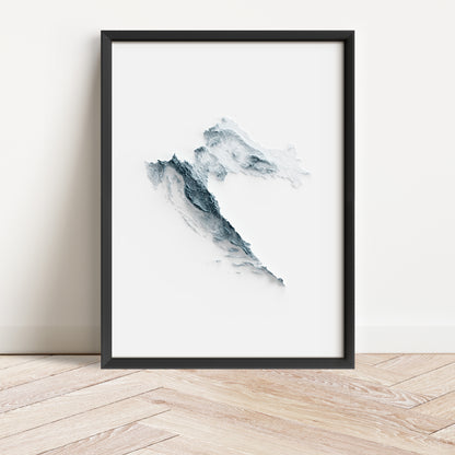 Framed minimalist elevation map of Croatia. Minimalist topographic map art featuring detailed topography, available as premium poster for home or office decor.