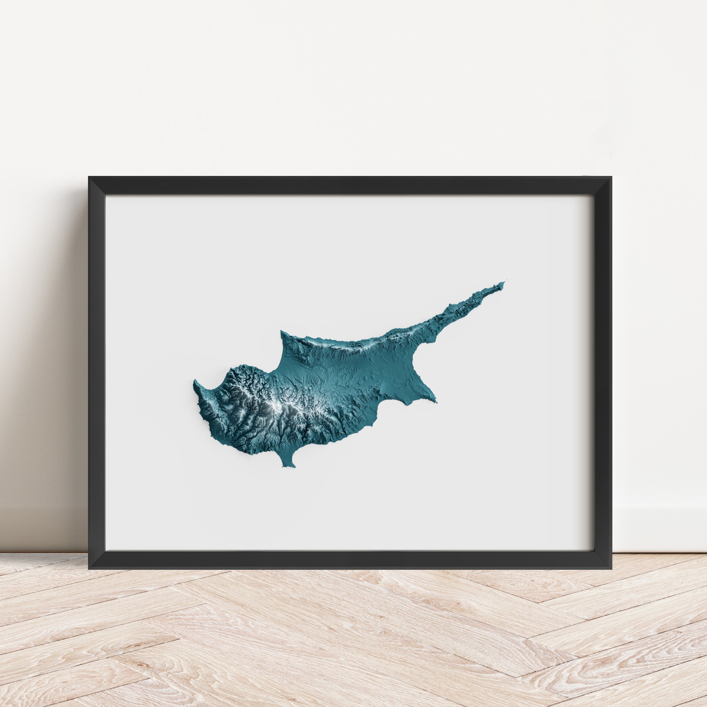 Framed minimalist elevation map of Cyprus. Minimalist topographic map art featuring detailed topography, available as premium poster for home or office decor.
