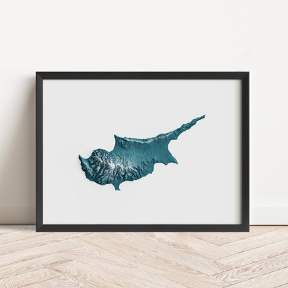 Framed minimalist elevation map of Cyprus. Minimalist topographic map art featuring detailed topography, available as premium poster for home or office decor.