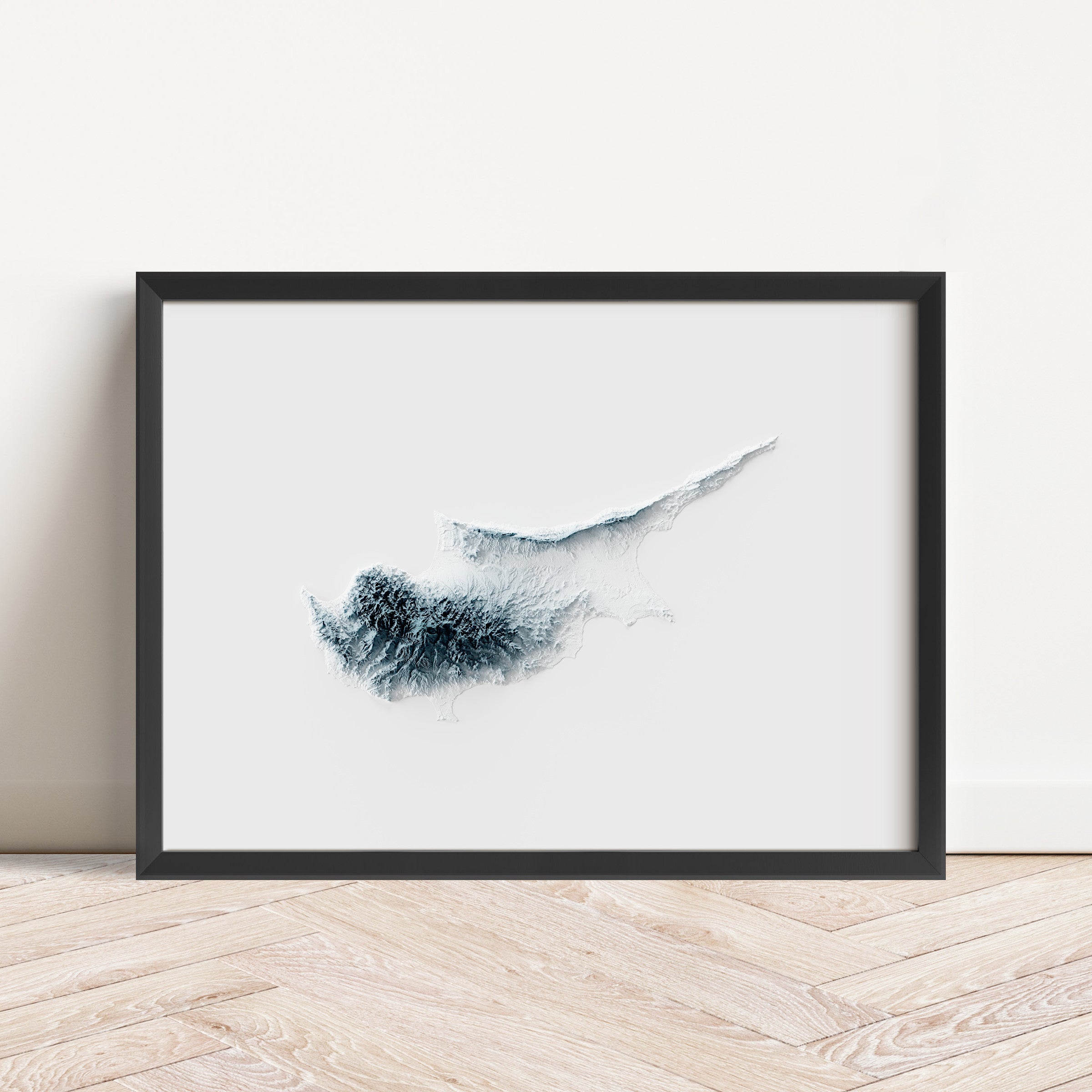 Framed minimalist elevation map of Cyprus. Minimalist topographic map art featuring detailed topography, available as premium poster for home or office decor.