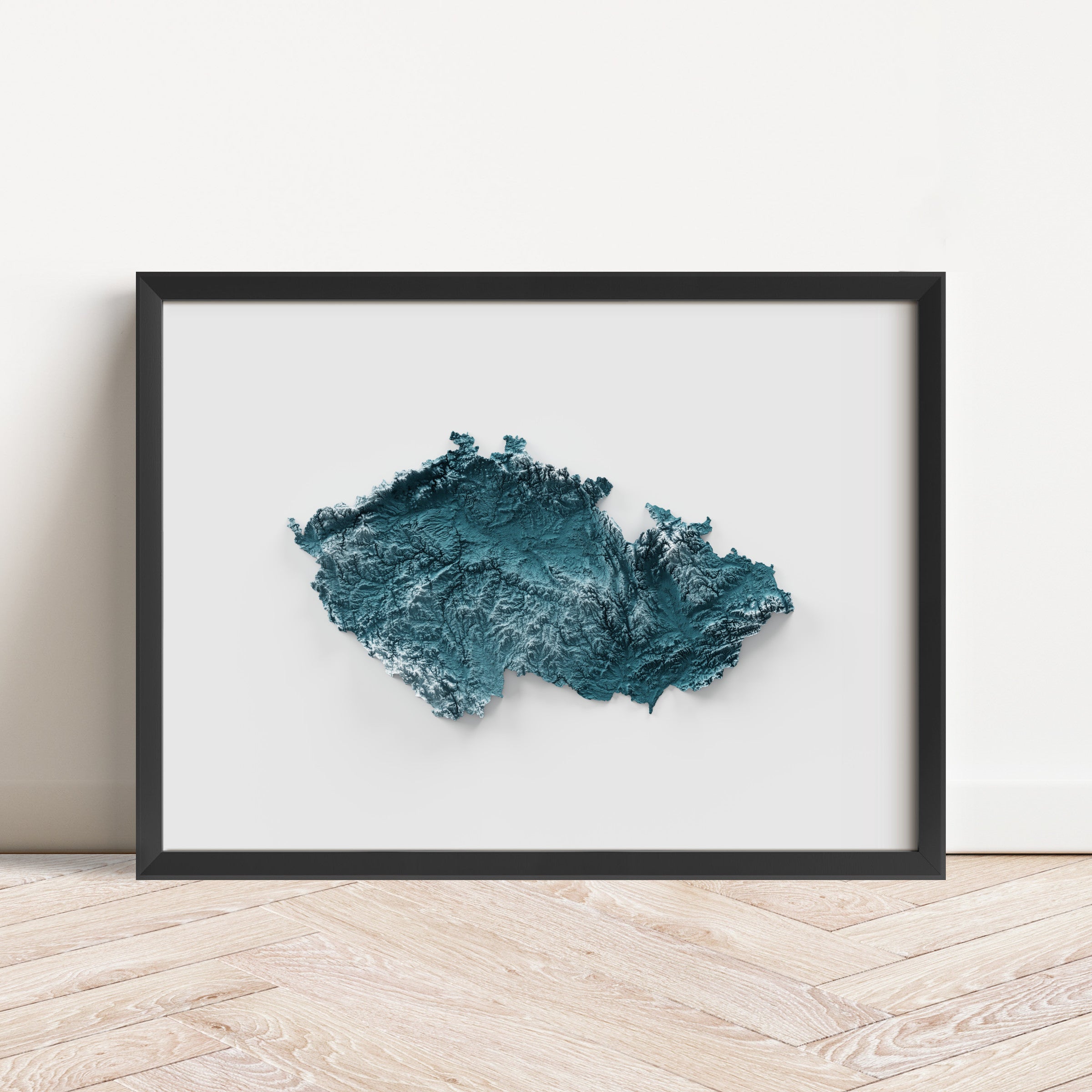 Framed map poster of the Czech Republic in a minimalist style with topography and elevation.