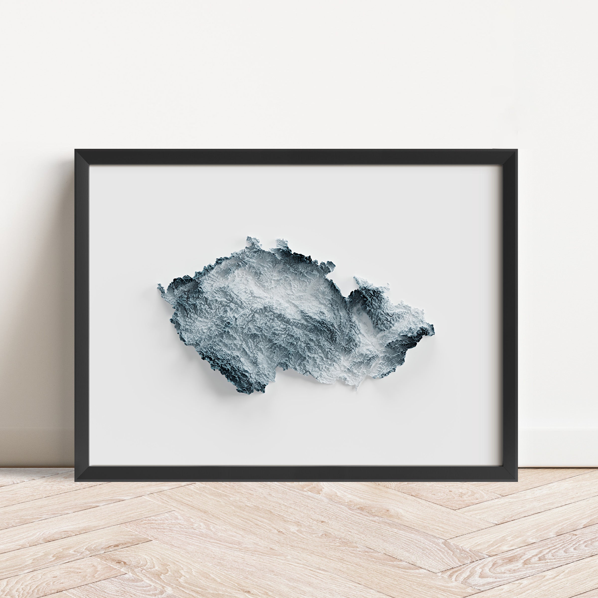 Framed map poster of the Czech Republic in a minimalist style with topography and elevation.