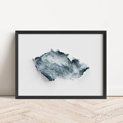 Framed map poster of the Czech Republic in a minimalist style with topography and elevation.