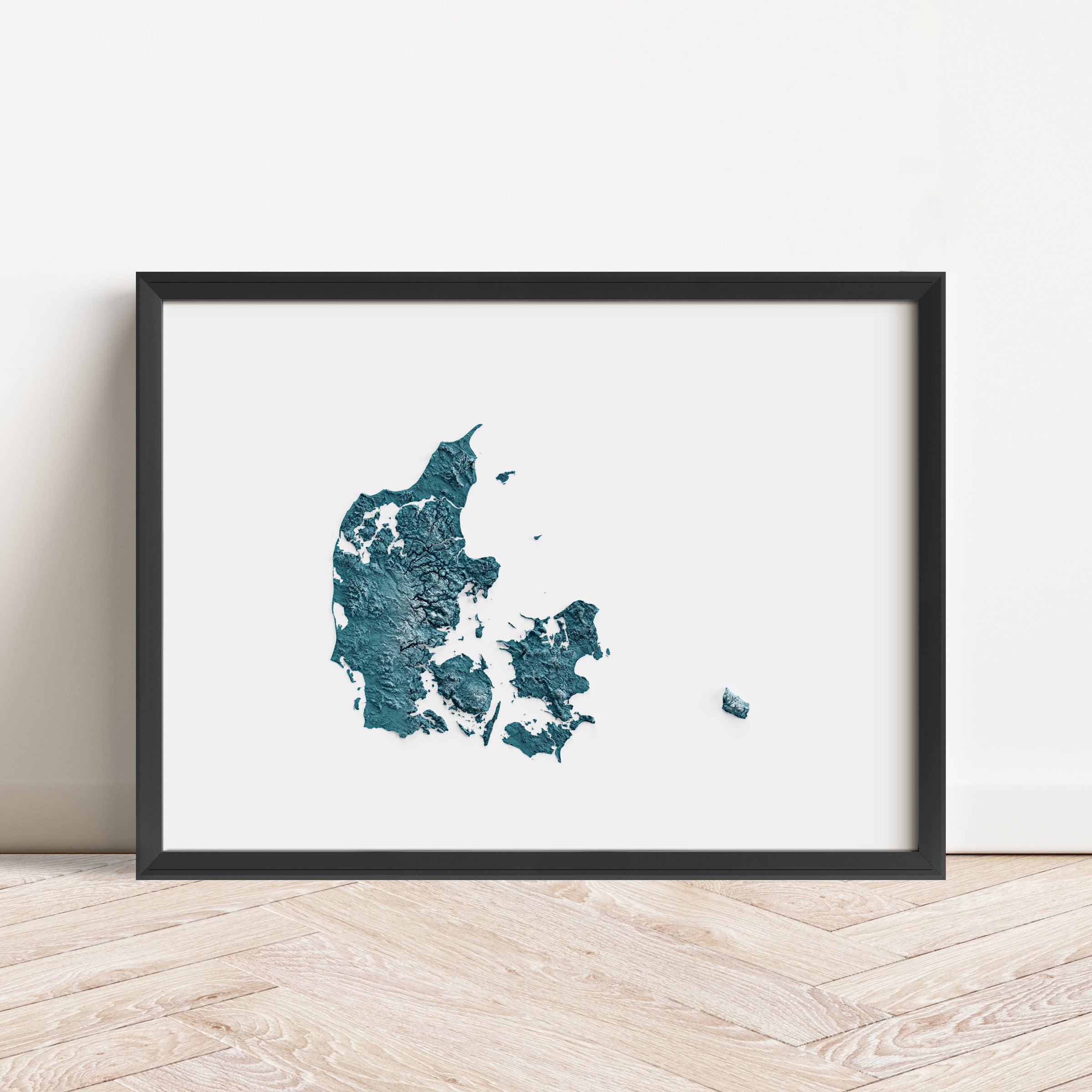Framed map poster of Denmark in a minimalist style with topography and elevation.