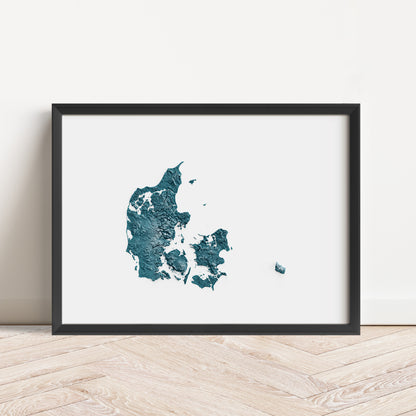 Framed map poster of Denmark in a minimalist style with topography and elevation.