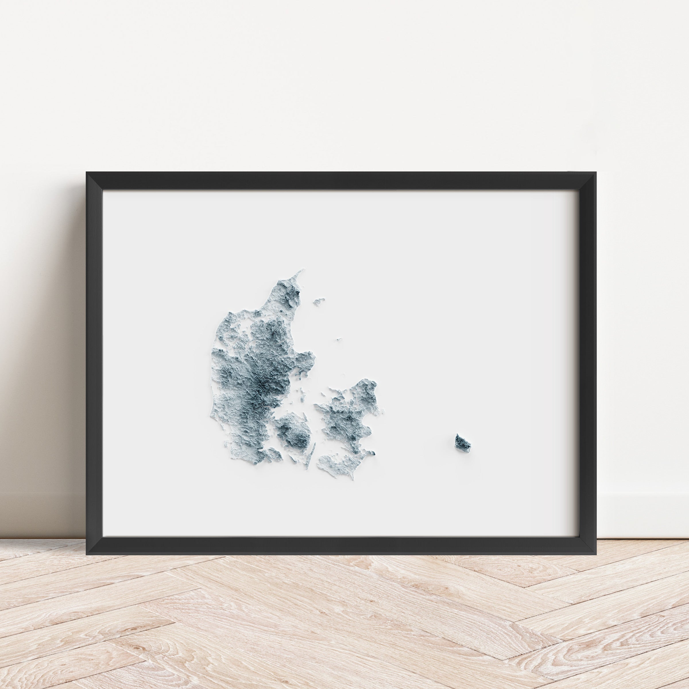 Framed map poster of Denmark in a minimalist style with topography and elevation.