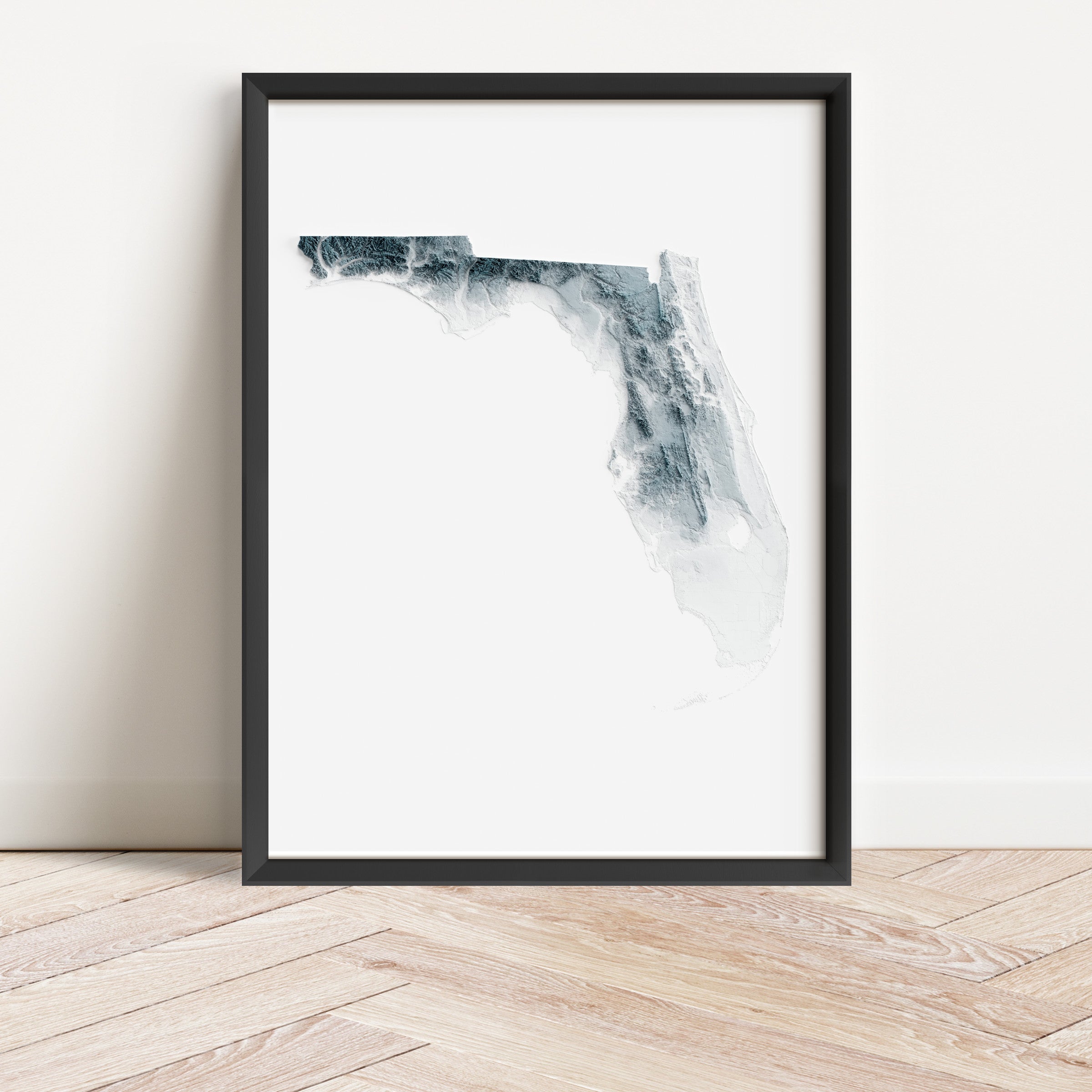 Framed minimalist elevation map of Florida. Minimalist topographic map art featuring detailed topography, available as premium poster for home or office decor.