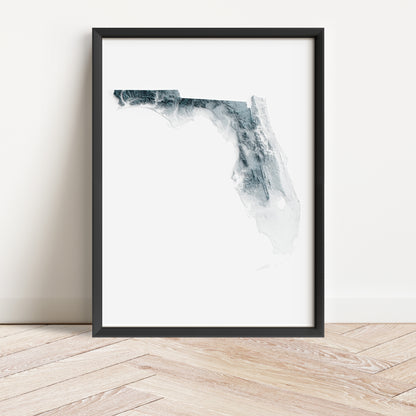 Framed minimalist elevation map of Florida. Minimalist topographic map art featuring detailed topography, available as premium poster for home or office decor.