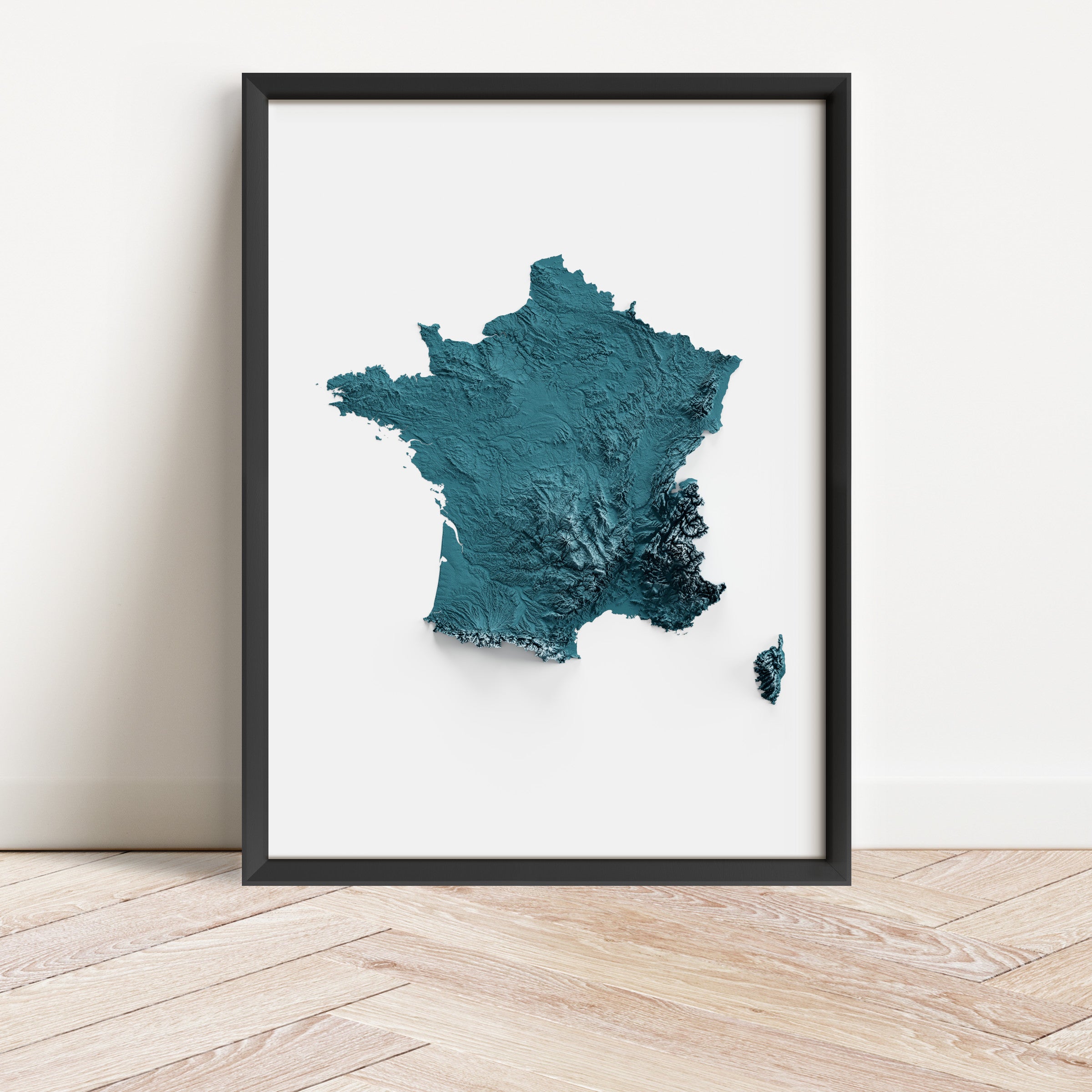 Framed minimalist elevation map of the country of France. Minimalist topographic map art featuring detailed topography, available as premium poster for home or office decor.