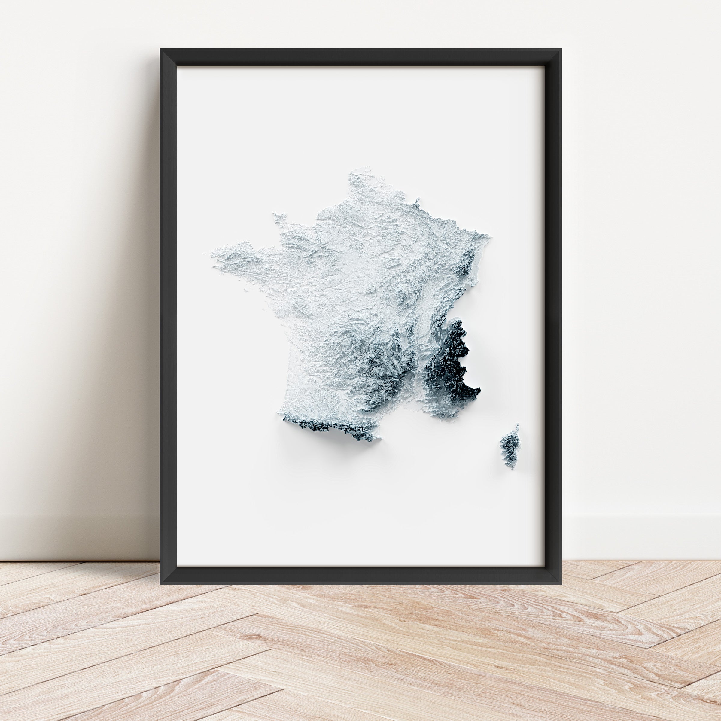Framed minimalist elevation map of the country of France. Minimalist topographic map art featuring detailed topography, available as premium poster for home or office decor.