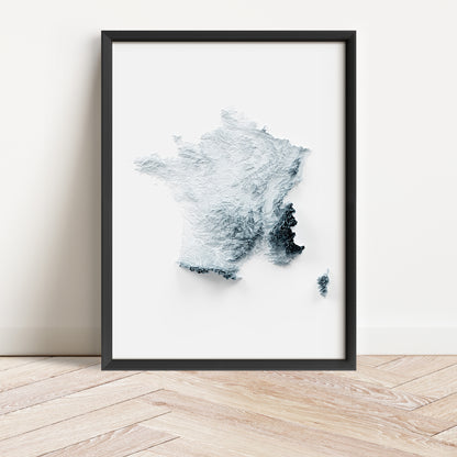 Framed minimalist elevation map of the country of France. Minimalist topographic map art featuring detailed topography, available as premium poster for home or office decor.