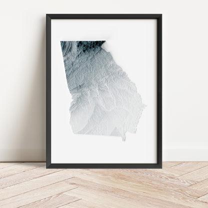 Framed minimalist elevation map of Georgia. Minimalist topographic map art featuring detailed topography, available as premium poster for home or office decor.