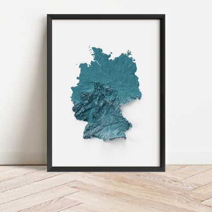 Framed minimalist elevation map of the country of Germany. Minimalist topographic map art featuring detailed topography, available as premium poster for home or office decor.
