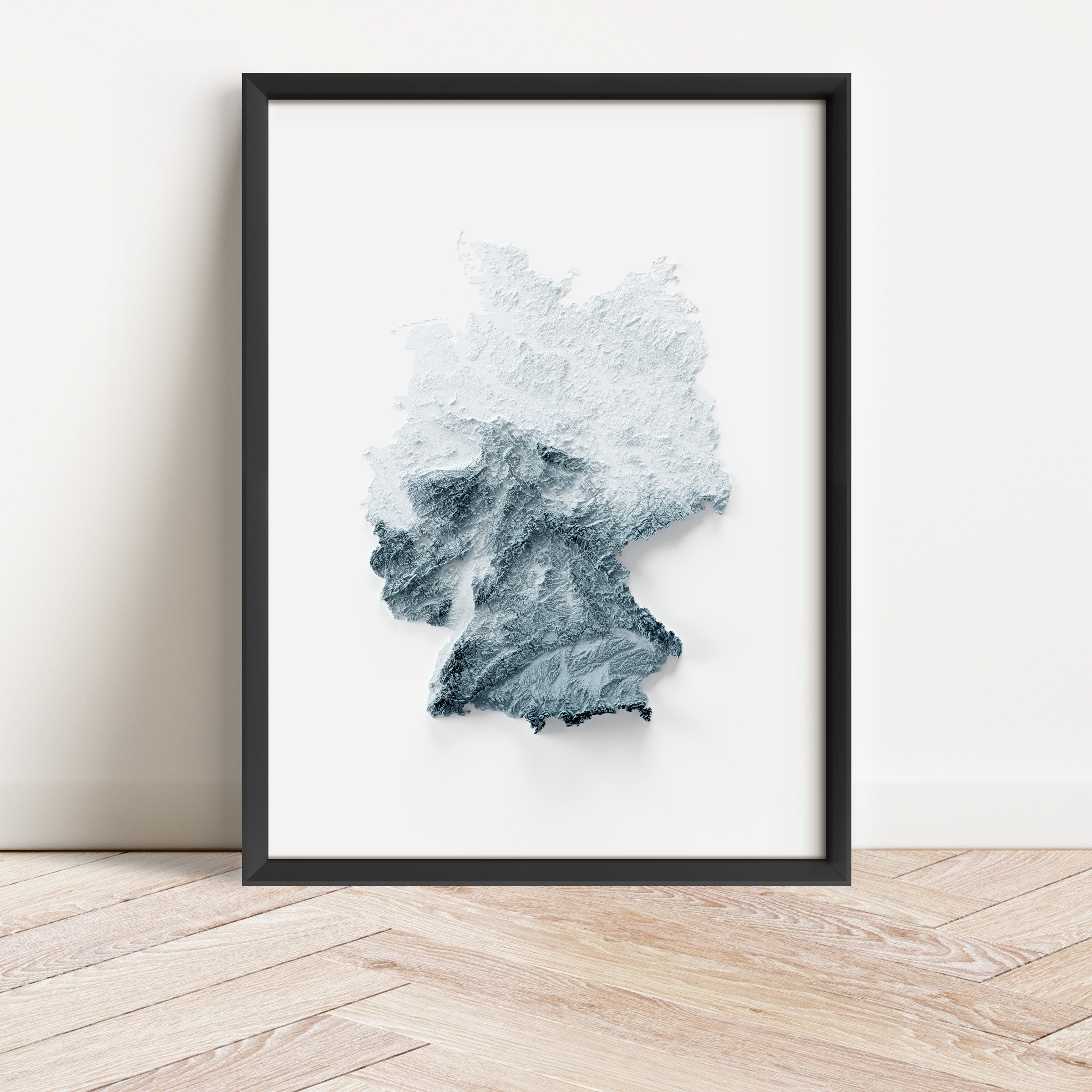 Framed minimalist elevation map of the country of Germany. Minimalist topographic map art featuring detailed topography, available as premium poster for home or office decor.