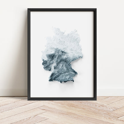 Framed minimalist elevation map of the country of Germany. Minimalist topographic map art featuring detailed topography, available as premium poster for home or office decor.