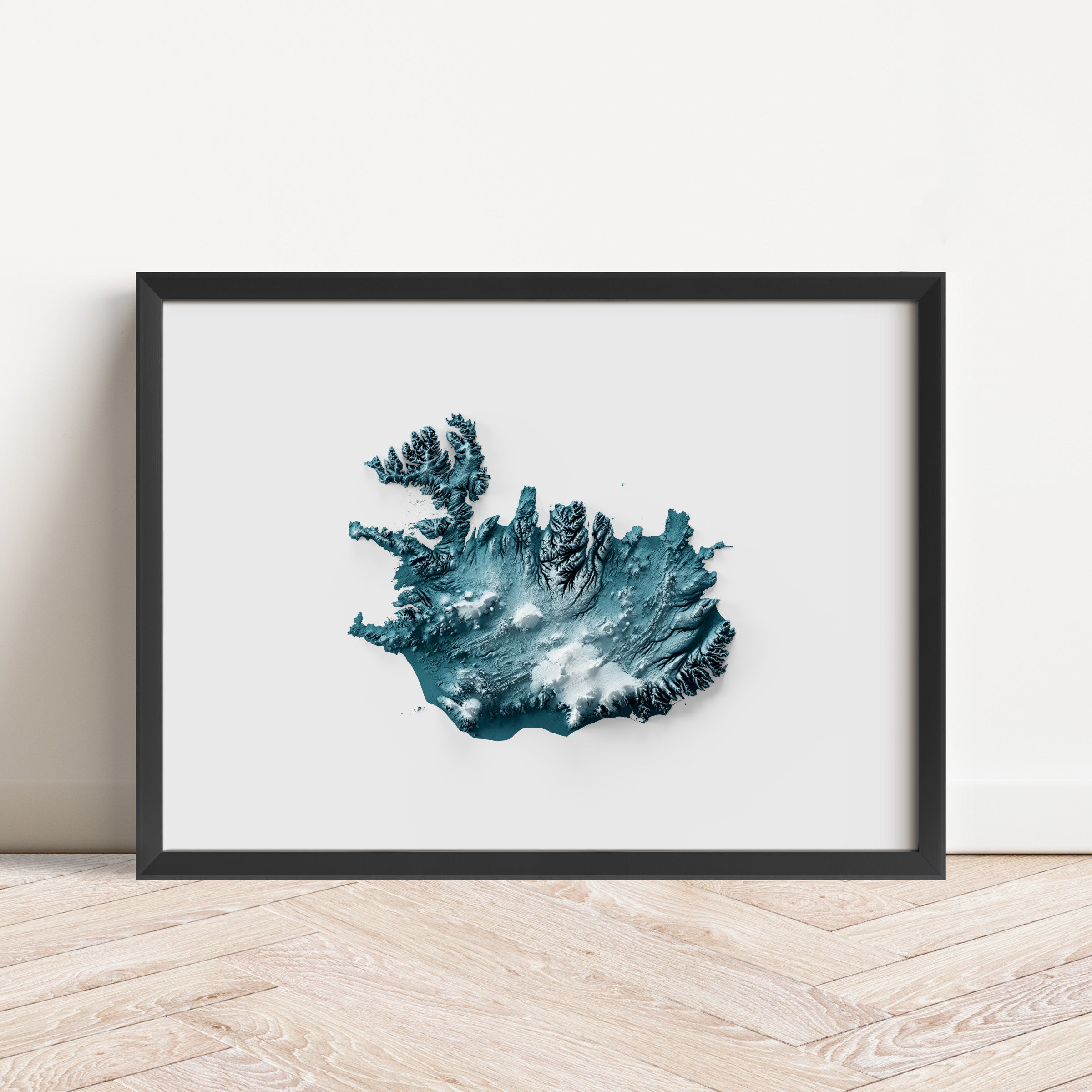 Framed minimalist elevation map of Iceland. Minimalist topographic map art featuring detailed topography, available as premium poster for home or office decor.