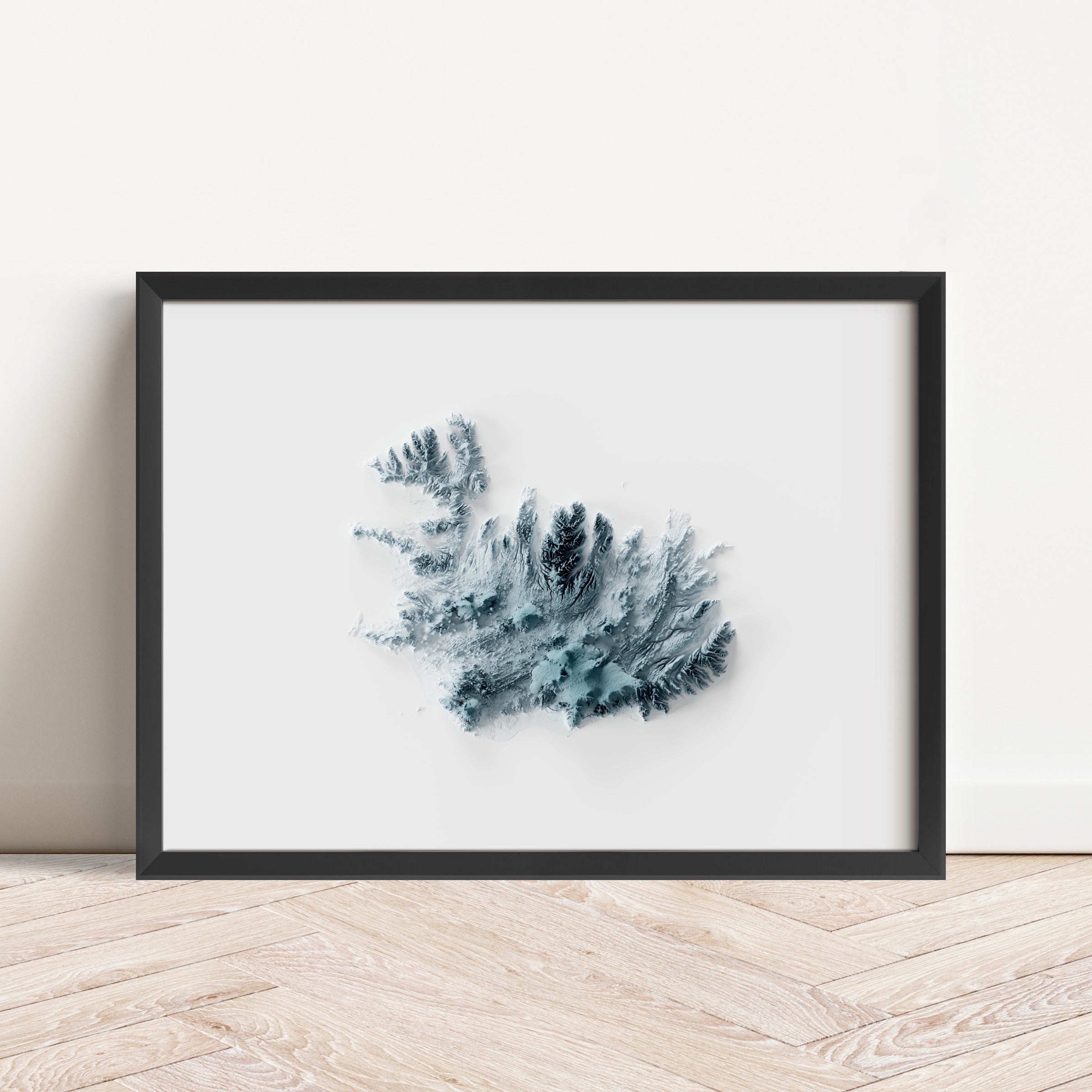 Framed minimalist elevation map of Iceland. Minimalist topographic map art featuring detailed topography, available as premium poster for home or office decor.