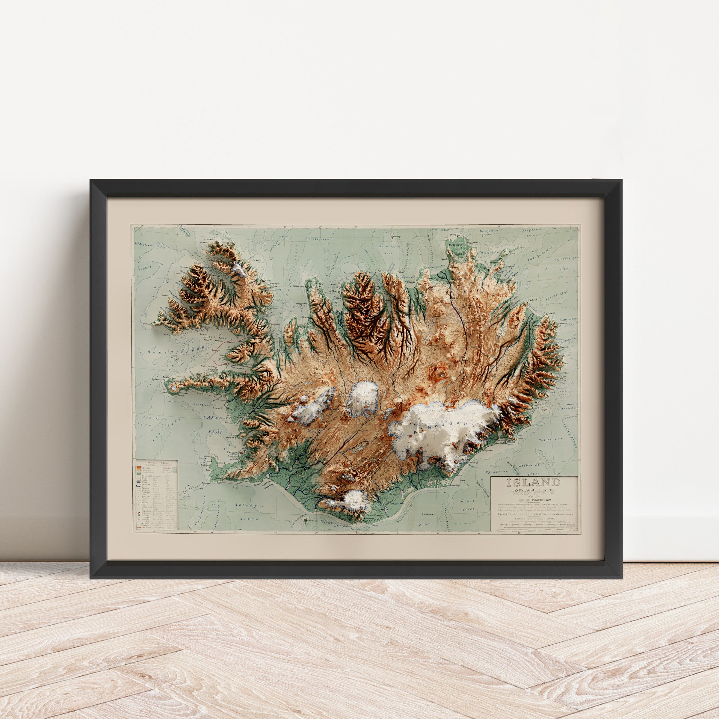 Framed restored elevation map of a vintage map of Iceland from 1928. topographic map art featuring detailed topography, available as premium poster for home or office decor.