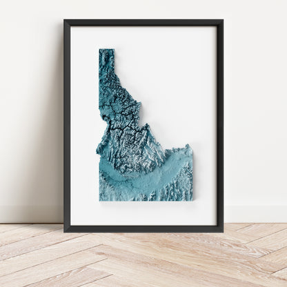 Framed minimalist elevation map of Idaho. Minimalist topographic map art featuring detailed topography, available as premium poster for home or office decor.