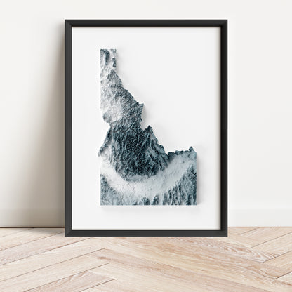 Framed minimalist elevation map of Idaho. Minimalist topographic map art featuring detailed topography, available as premium poster for home or office decor.