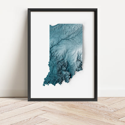 Framed minimalist elevation map of Indiana. Minimalist topographic map art featuring detailed topography, available as premium poster for home or office decor.