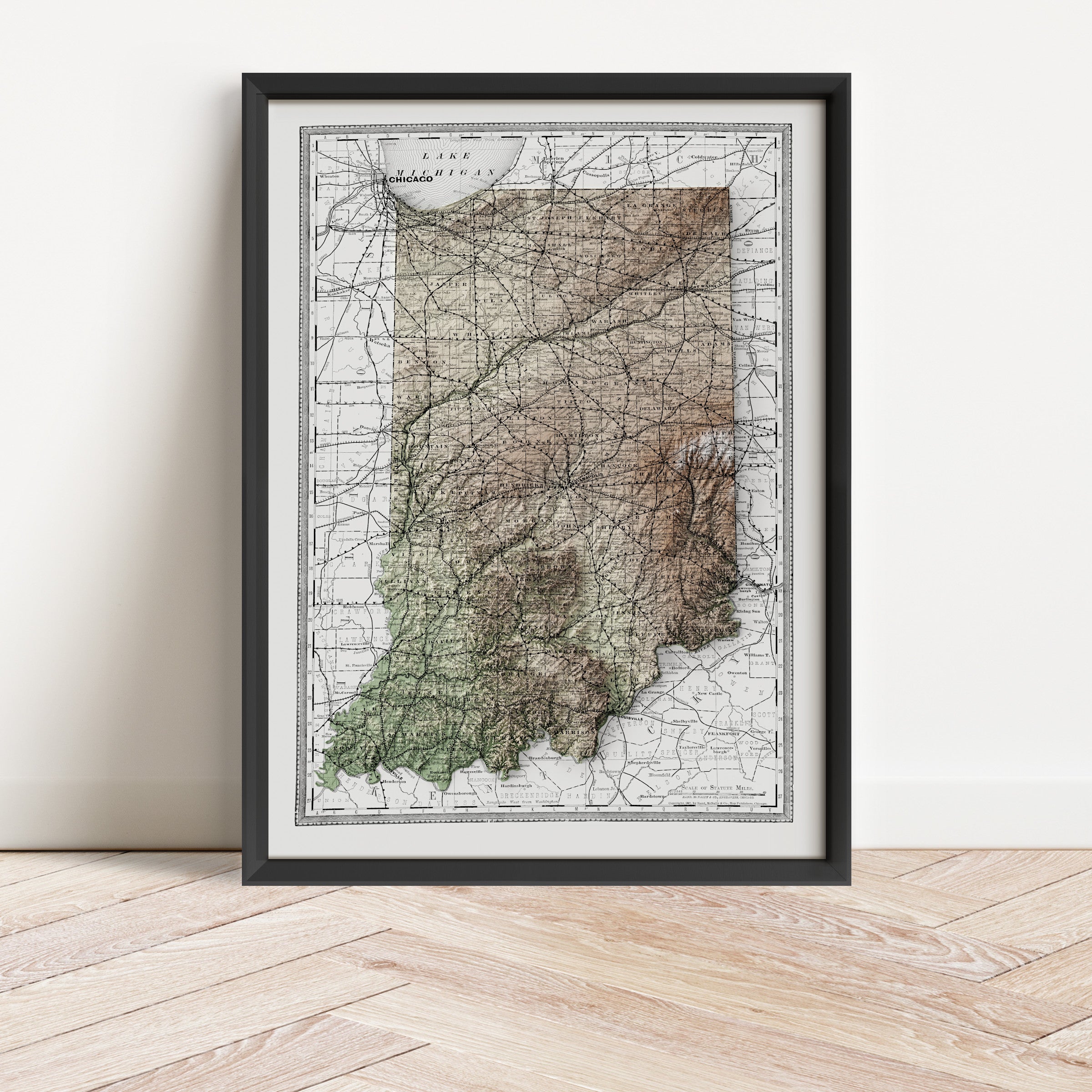 Indiana Vintage Map Print – 1889 Relief Edition