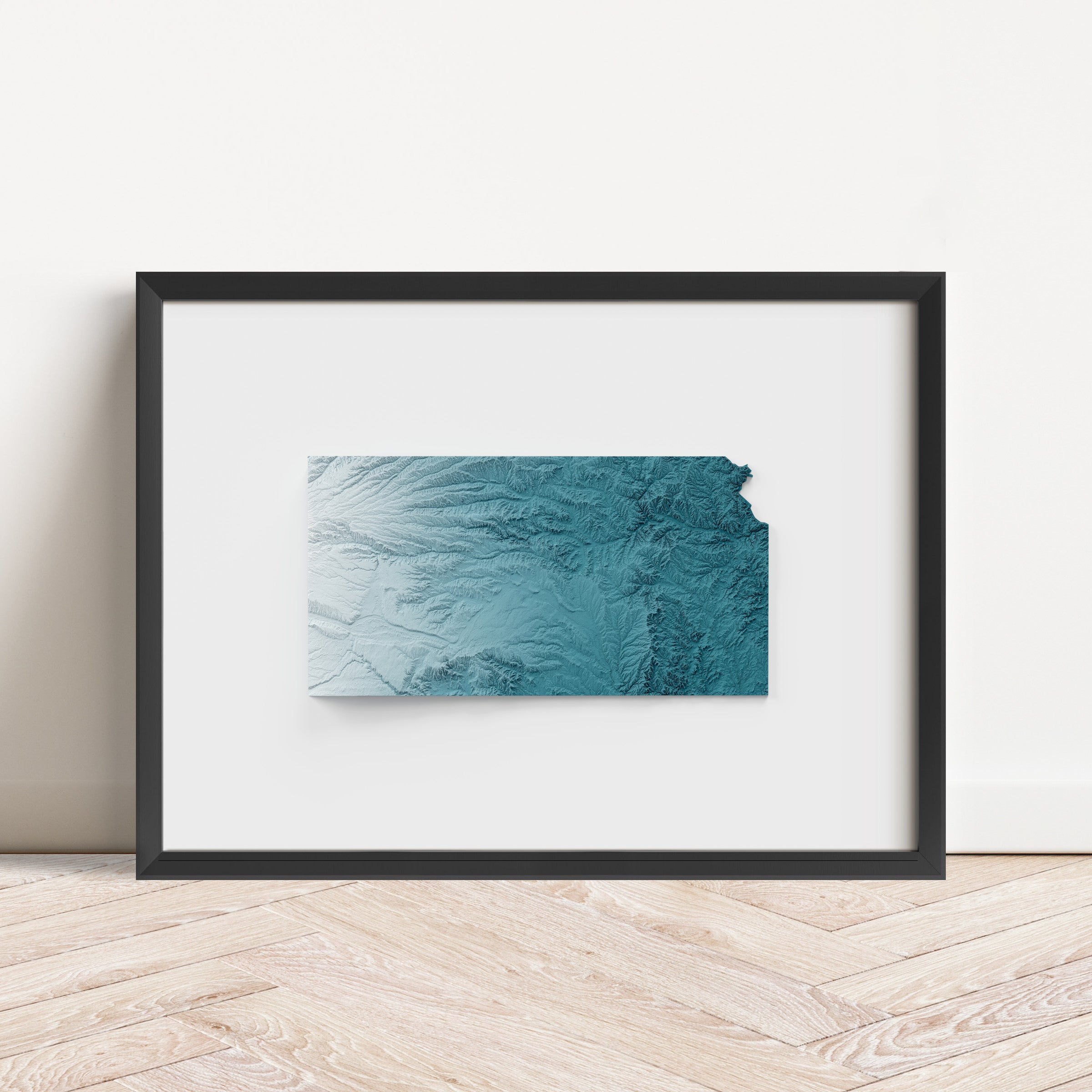 Framed minimalist elevation map of Kansas. Minimalist topographic map art featuring detailed topography, available as premium poster for home or office decor.