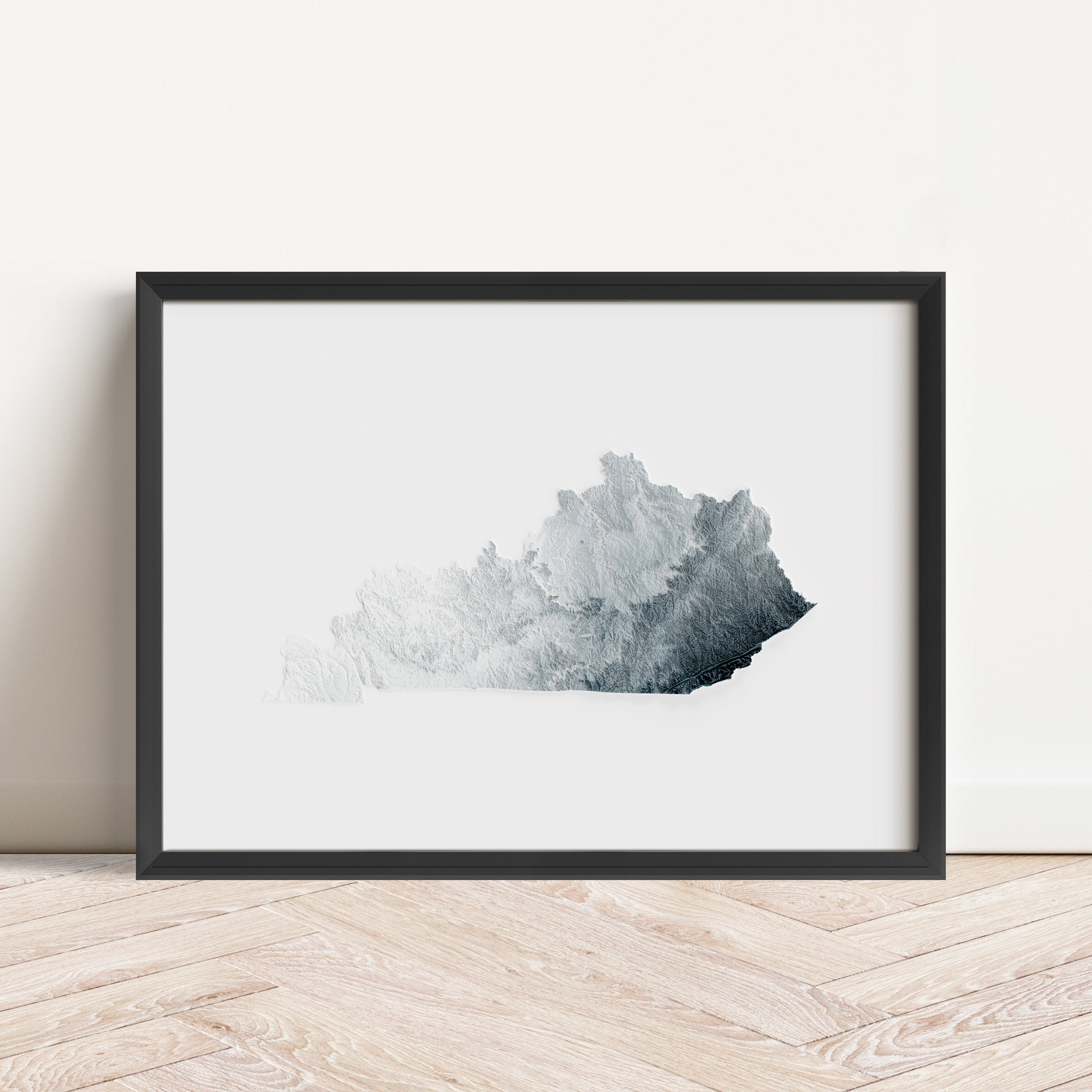 Framed minimalist elevation map of Kentucky. Minimalist topographic map art featuring detailed topography, available as premium poster for home or office decor.