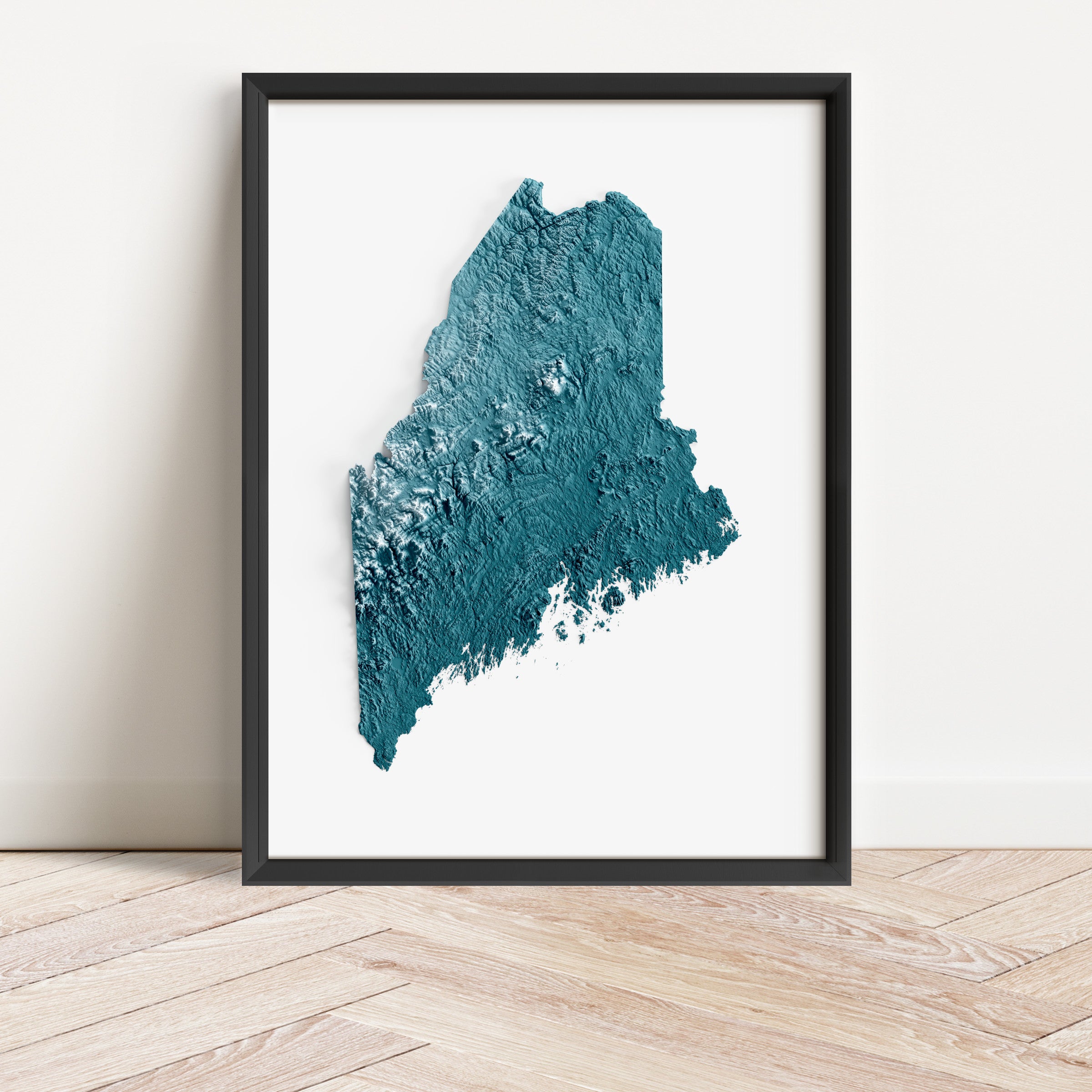 Framed minimalist elevation map of Maine. Minimalist topographic map art featuring detailed topography, available as premium poster for home or office decor.