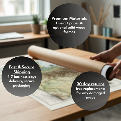 Mappedell offers fast & secure shipping, premium materials like fine art and museum quality paper. We also offer free replacements and 30 day returns.