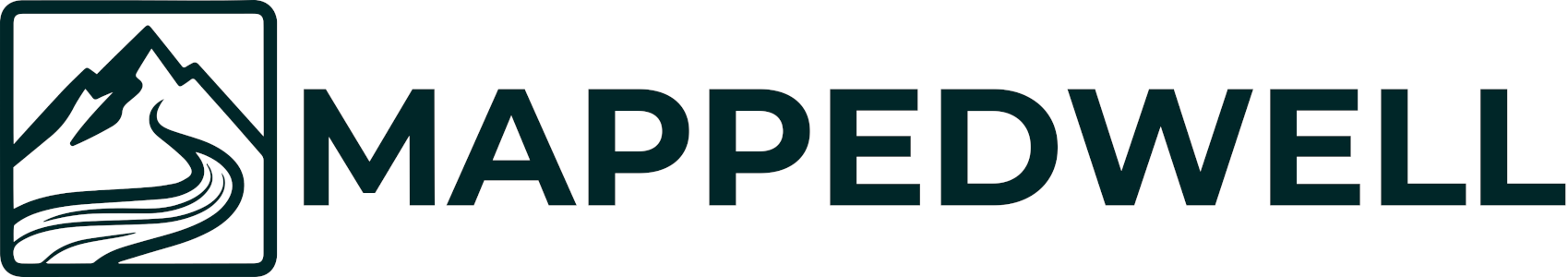 Mappedwell logo with a mountain and river graphic on a white background. Mappedwell is committed to creating the best vintage and minimalist map posters.