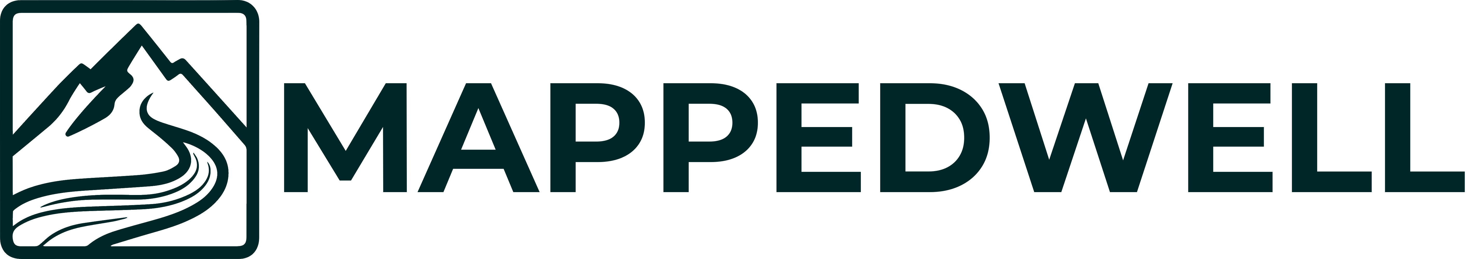 Mappedwell logo with a mountain and river graphic on a white background. Mappedwell is committed to creating the best vintage and minimalist map posters.