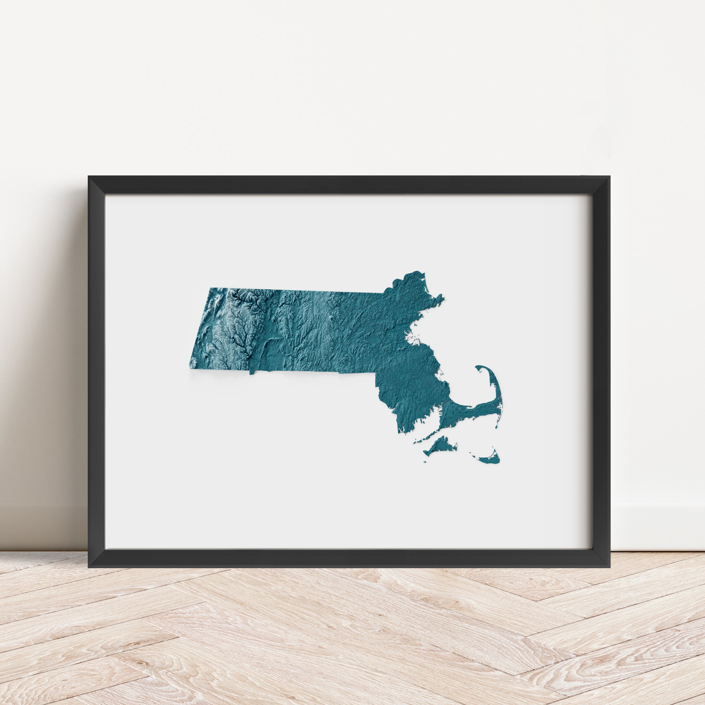 Framed minimalist elevation map of Massachusetts. Minimalist topographic map art featuring detailed topography, available as premium poster for home or office decor.
