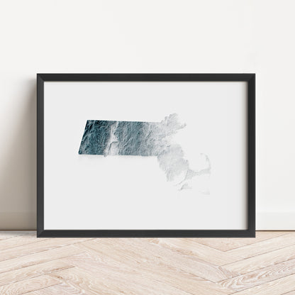 Framed minimalist elevation map of Massachusetts. Minimalist topographic map art featuring detailed topography, available as premium poster for home or office decor.
