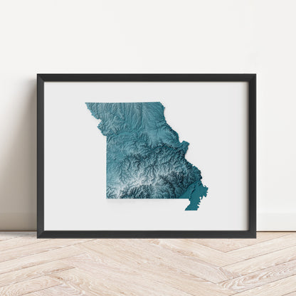 Framed minimalist elevation map of Missouri. Minimalist topographic map art featuring detailed topography, available as premium poster for home or office decor.