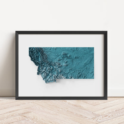 Framed minimalist elevation map of Montana. Minimalist topographic map art featuring detailed topography, available as premium poster for home or office decor.