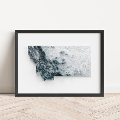 Framed minimalist elevation map of Montana. Minimalist topographic map art featuring detailed topography, available as premium poster for home or office decor.