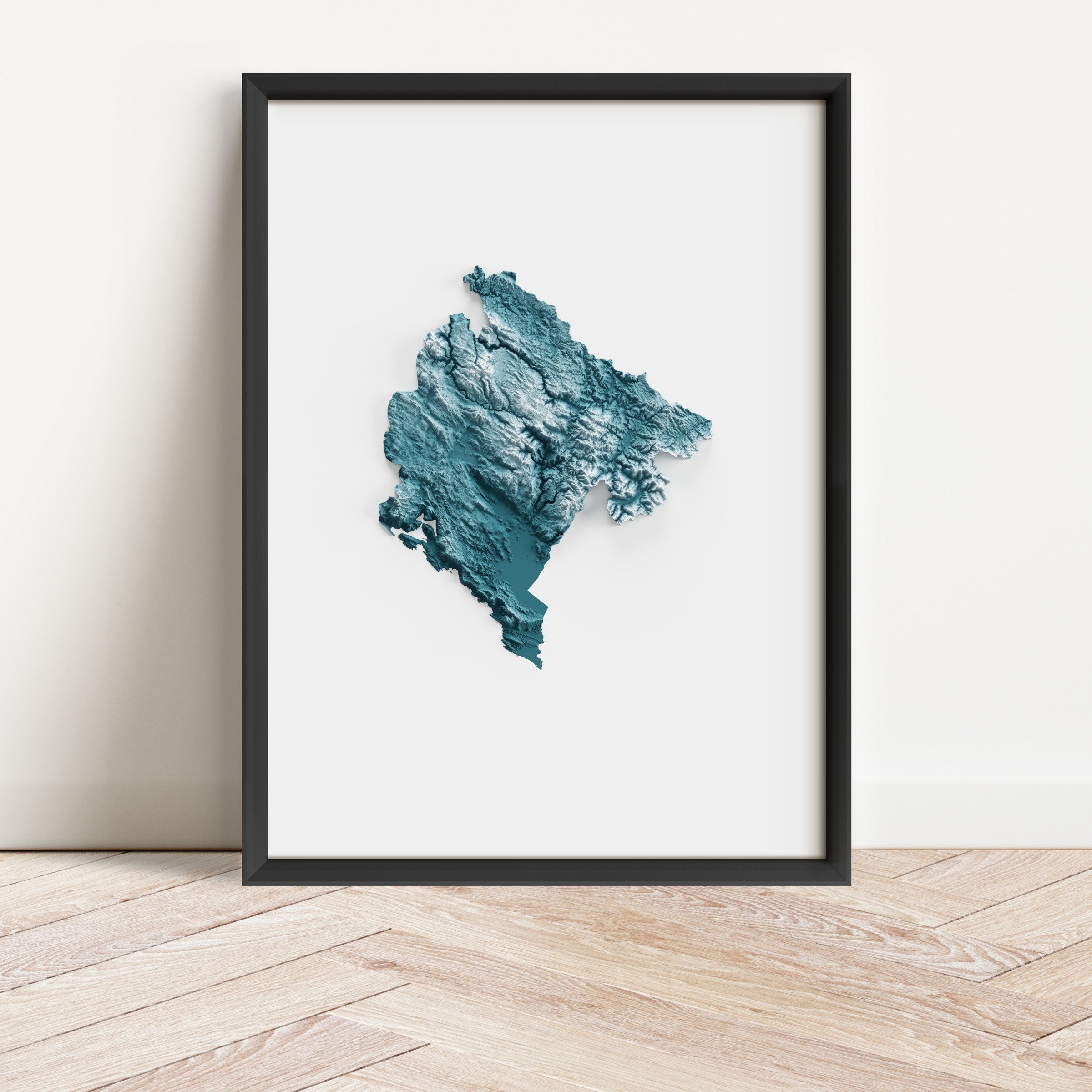 Montenegro Map Print – Minimalist Elevation Design (Blue Style)