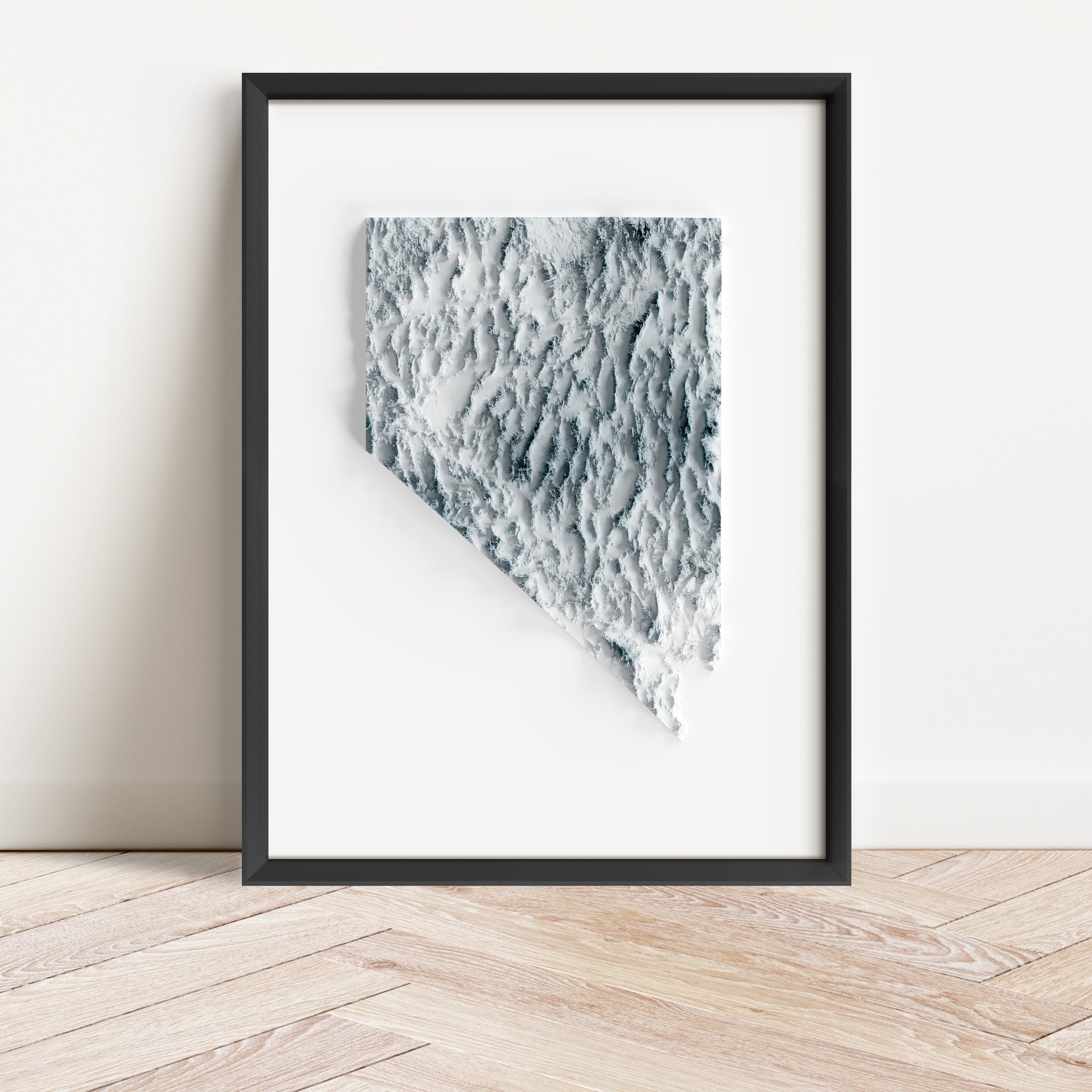 Framed minimalist elevation map of Nevada. Minimalist topographic map art featuring detailed topography, available as premium poster for home or office decor.